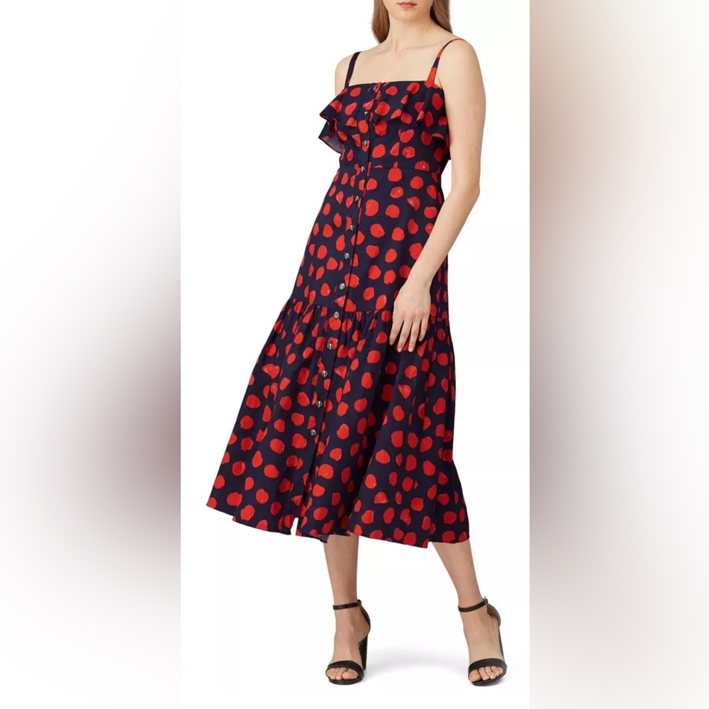 Borgo De Nor Navy Midi Dress with Red Polka Dot Print